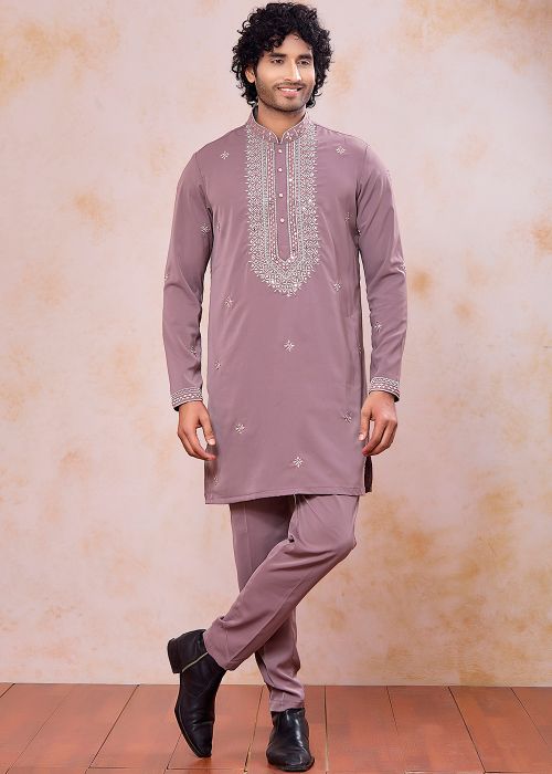 Dusty Pink Satin Kurta Pajama With Mirror Panel