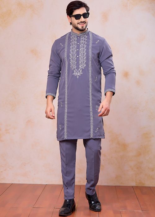 Purple Satin Kurta Pajama With Thread Work