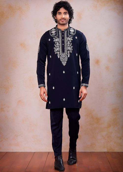 Navy Blue Satin Kurta Pajama With Mirror Work