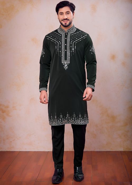 Deep Green Satin Kurta Pajama With Thread Work