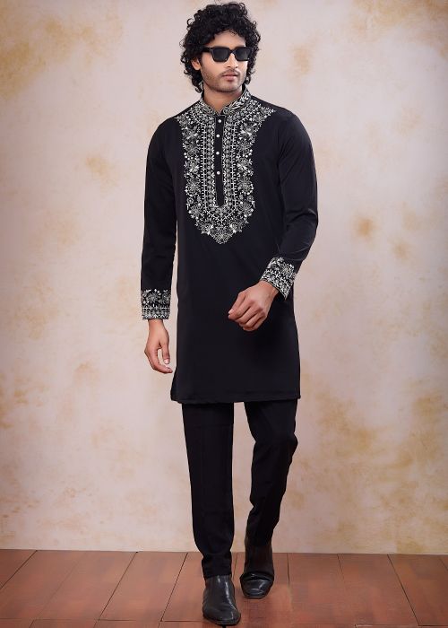 Black Satin Kurta Pajama With Statement Mirrors