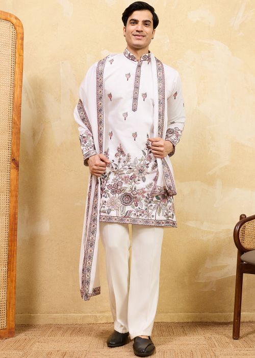 White Floral Viscose Kurta With Stole