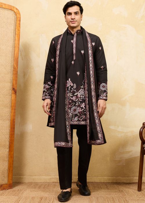 Black Floral Embroidered Kurta With Stole
