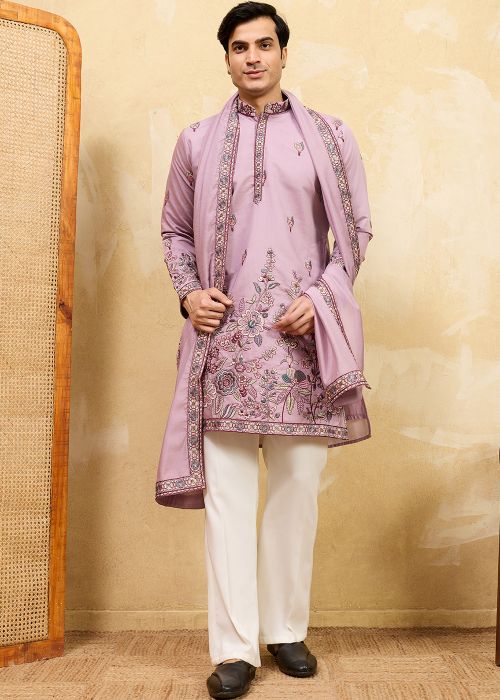 Dusty Pink Embroidered Kurta With Stole