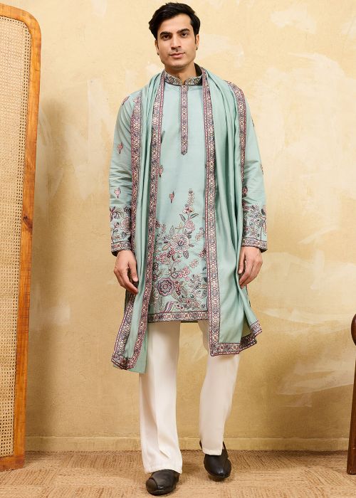 Mint Green Embroidered Kurta With Stole