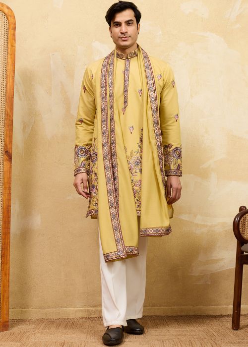 Yellow Viscose Kurta With Embroidered Stole