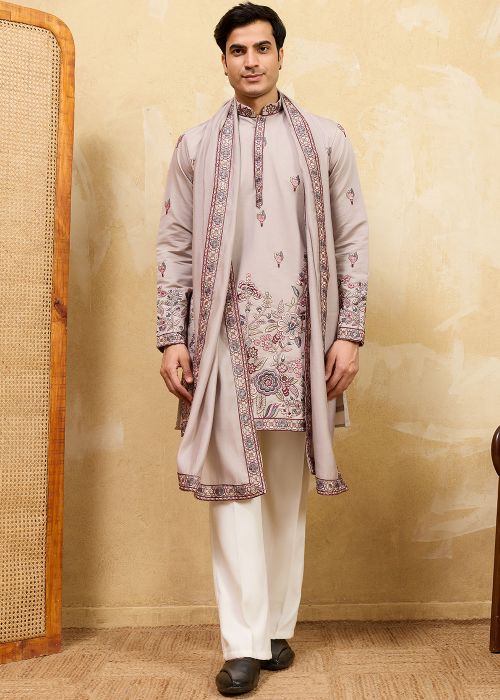 Beige Floral Kurta With Embroidered Stole