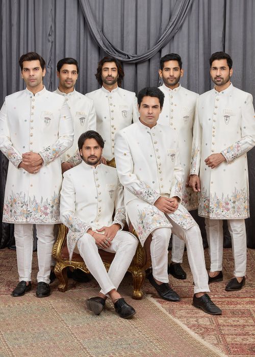 White Art Silk Indo Western Sherwani With Floral Hem