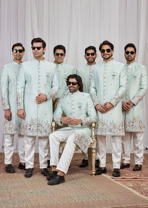 Mint Blue Embroidered Indo Western Sherwani Set