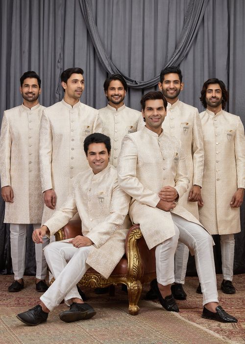 Beige Jacquard Indo Western Sherwani With Woven Motifs