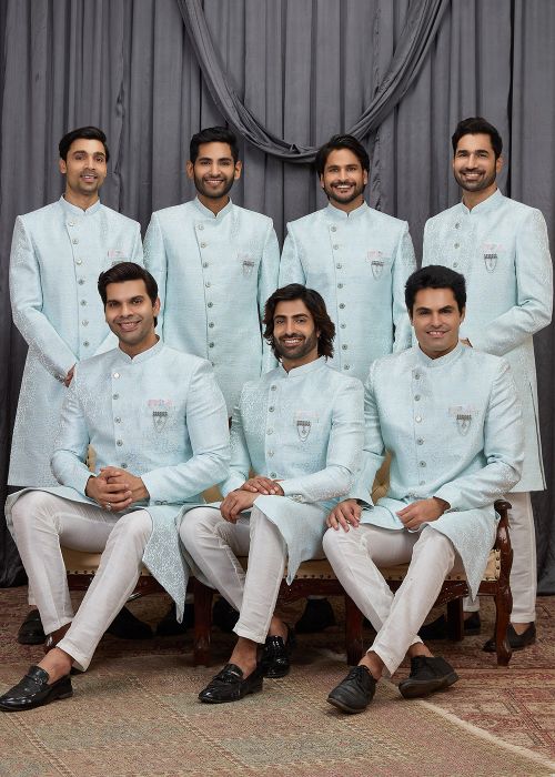 Sky Blue Jacquard Indo Western Sherwani Set
