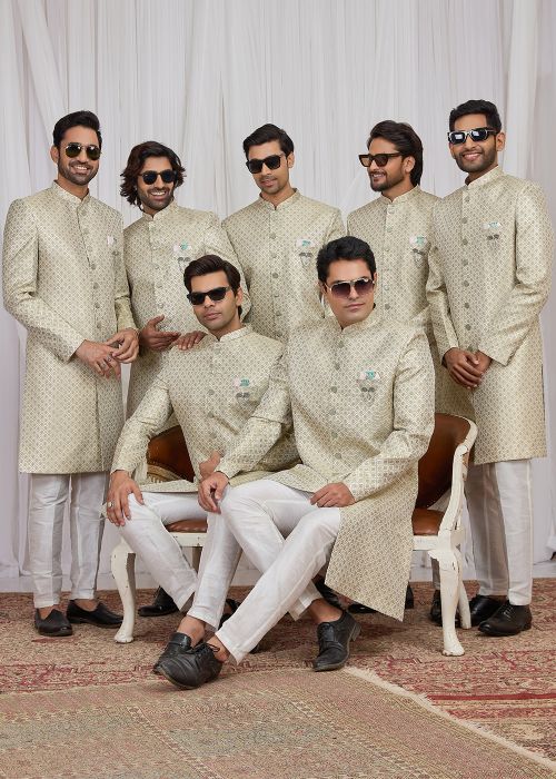 Beige Jacquard Sherwani Set With Subtle Buttis