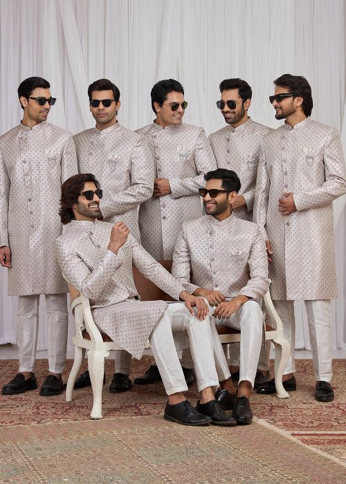 Lavender Jacquard Sherwani Set With Woven Detailing