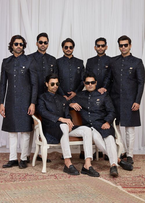 Navy Blue Indo Western Sherwani With Woven Work