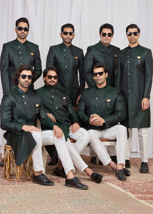 Bottle Green Sherwani Set With Woven Detail