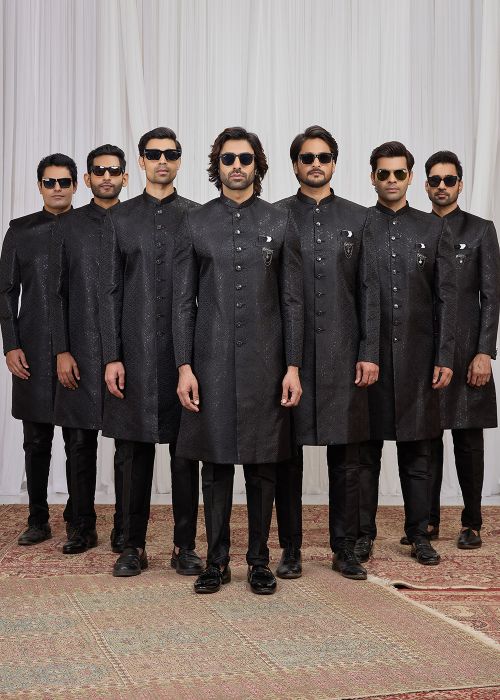 Black Jacquard Sherwani Set With Woven Accents