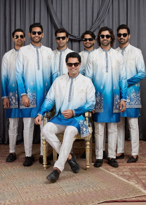Blue Shaded Art Silk Kurta Pajama With Jacket