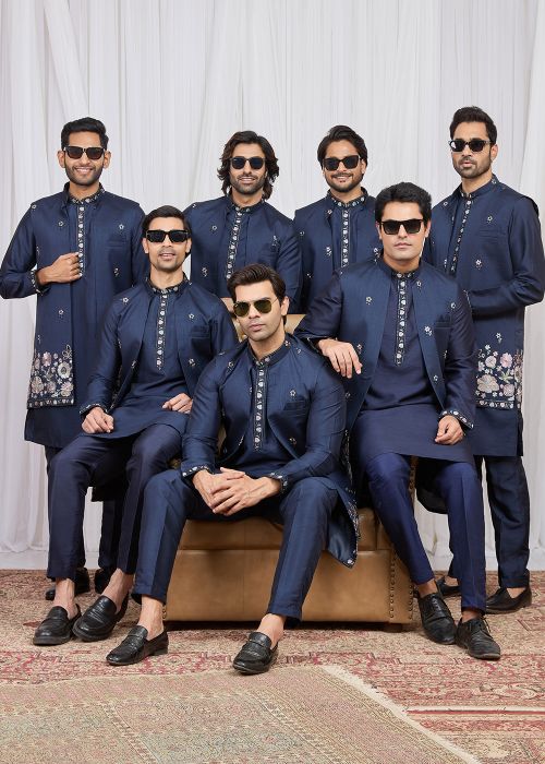 Navy Blue Kurta Pajama With Floral Border