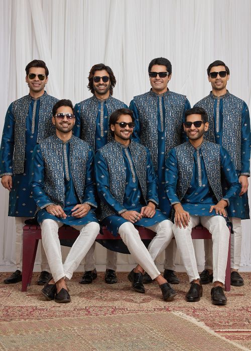Teal Blue Embroidered Kurta Pajama With Jacket