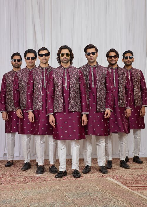 Wine Art Silk Kurta Pajama with Dense Thread Motifs