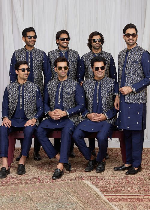 Navy Blue Embroidered Art Silk Kurta Jacket With Pajama