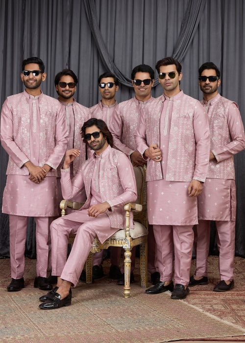 Pink Art Silk Kurta Pant With Thread Embroidery