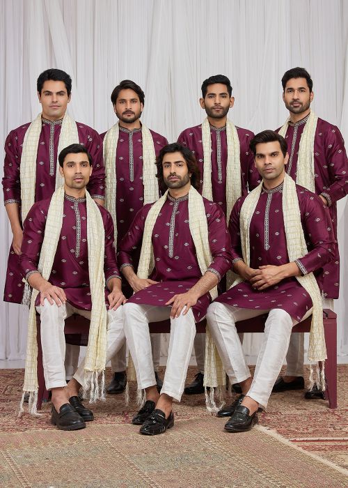 Wine Art Silk Kurta Pajama With Embroidered Placket