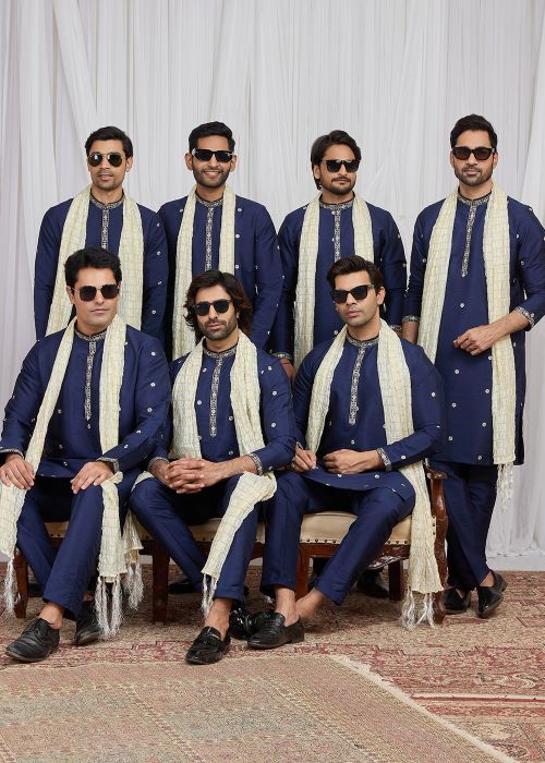 Navy Blue Art Silk Kurta Pajama With Butti Motifs