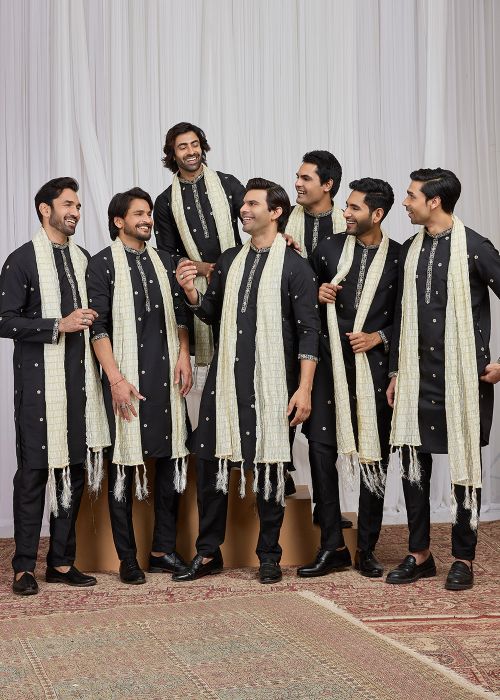 Black Art Silk Kurta Pajama With Cream Stole