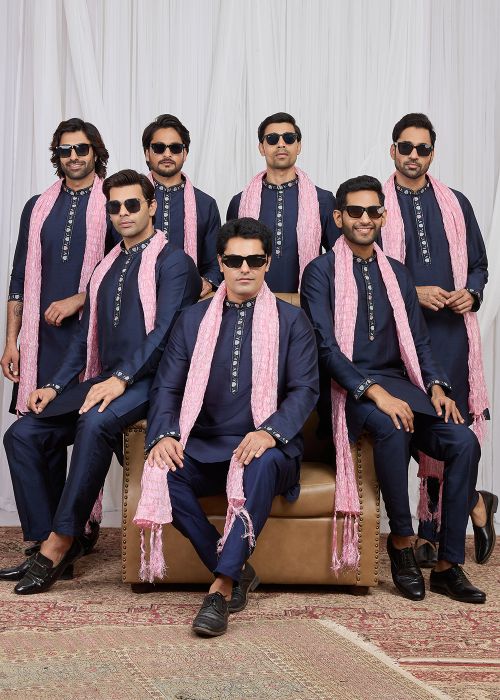 Navy Blue Art Silk Kurta Pajama With Pink Stole