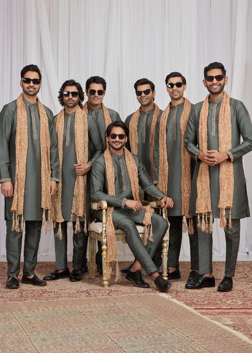 Grey Art Silk Kurta Pajama With Peach Stole