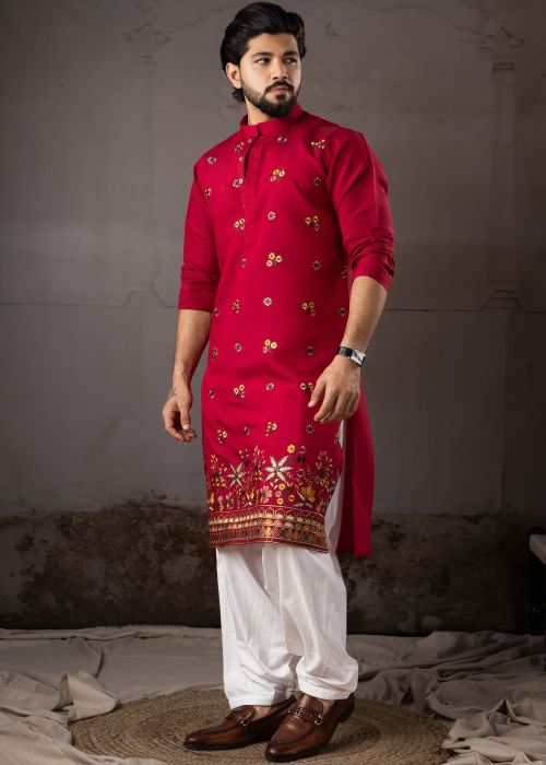 Red Silk Pathani Suit With Floral Border Work