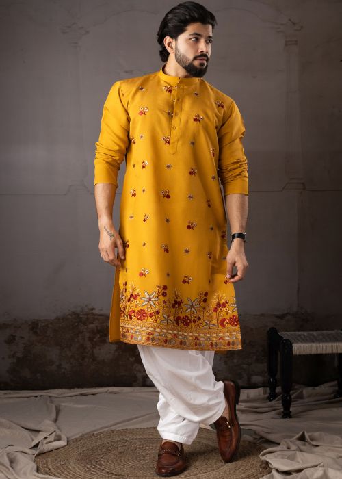 Mustard Yellow Silk Pathani Suit With Floral Hem