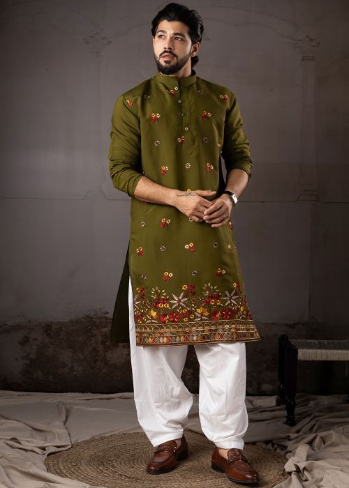 Green Silk Pathani Suit With Thread Floral Border