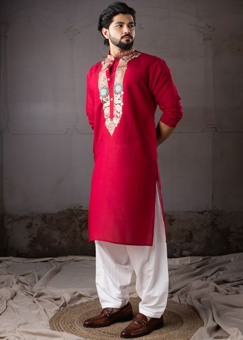 Red Silk Pathani Suit With Embroidered Placket