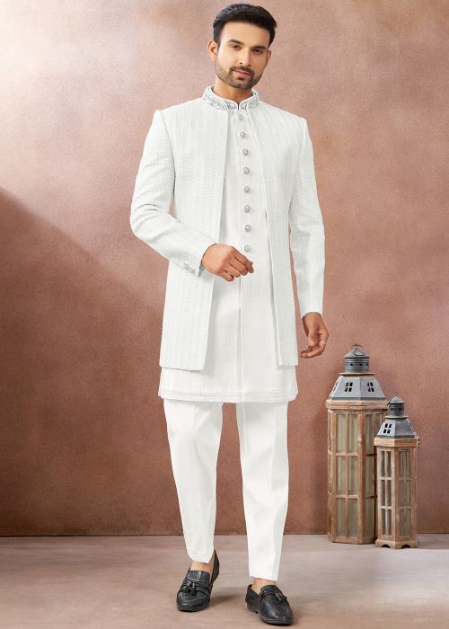 White Art Silk Handwork Indo Western Sherwani Set