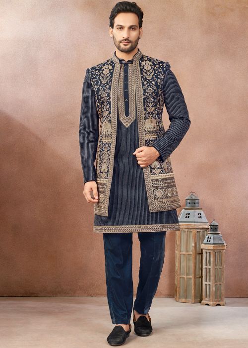 Navy Blue Art Silk Sherwani With Antique Thread Work
