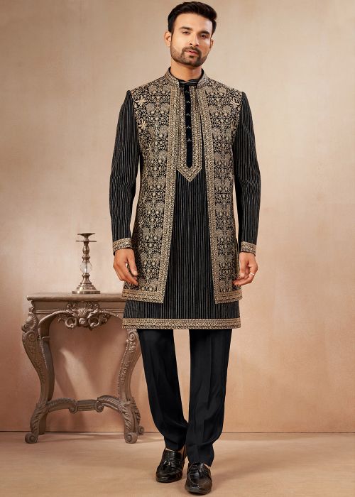 Black Art Silk Sherwani With Gold Embroidered Jacket