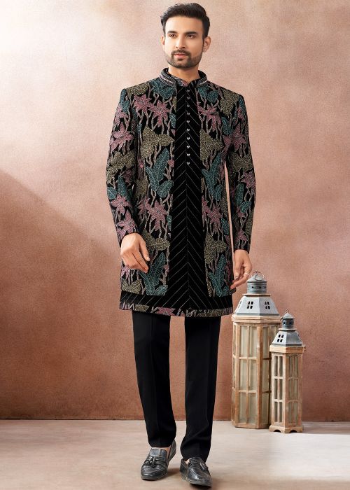 Black Floral Indo Western Sherwani With Sequins