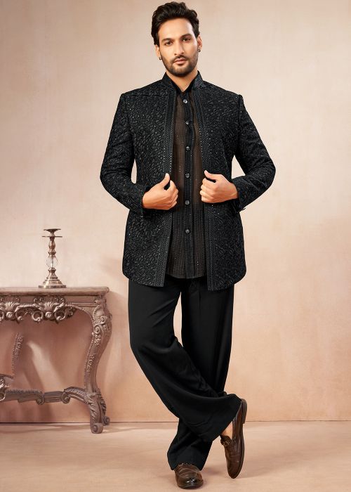 Black Georgette Bandhgala Suit With Thread Work