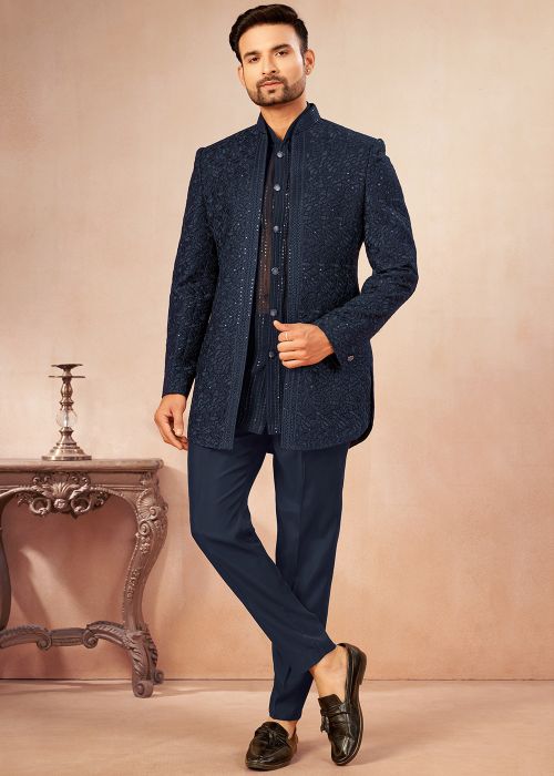 Navy Blue Georgette Bandhgala Suit With Sequins
