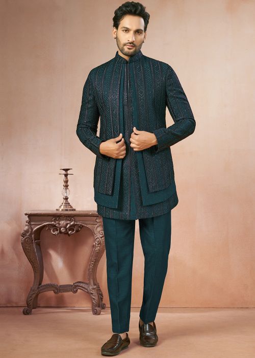 Teal Green Indo Western Sherwani With Embroidery