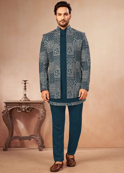 Teal Blue Indo Western Sherwani With Thread Work