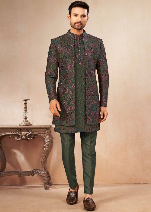 Green Indo Western Sherwani With Thread Detail