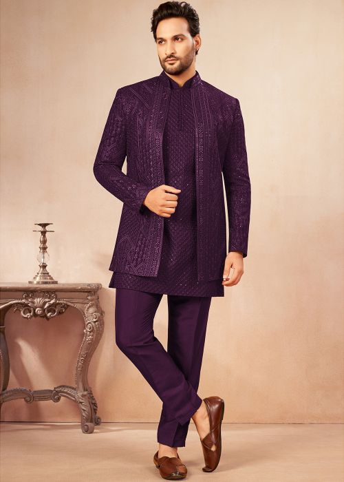 purple indo western dress for men Purple Rayon Indo Western Set For Men With Heavy Hand Embroidery