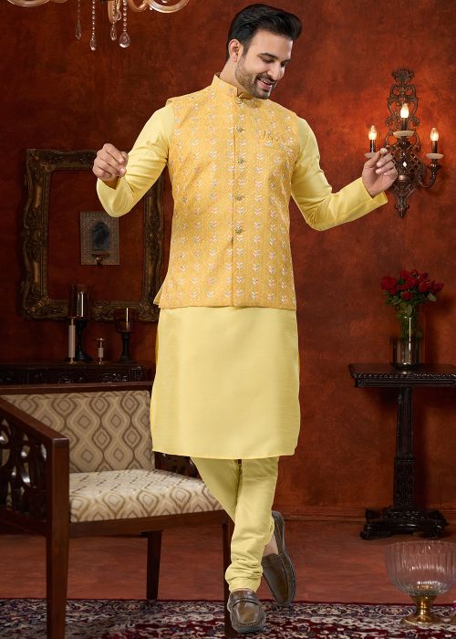 Yellow Kurta Pajama With Embroidered Nehru Jacket
