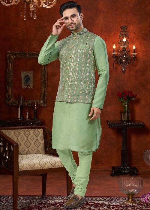 Sage Green Kurta Pajama With Nehru Jacket