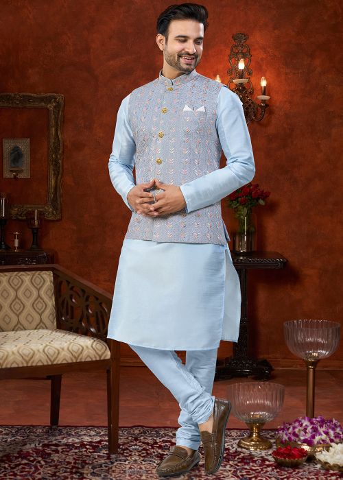 Sky Blue Kurta Pajama With Grey Nehru Jacket