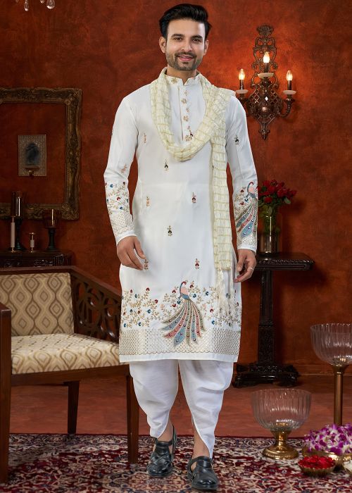 White Silk Kurta Dhoti With Peacock Embroidery