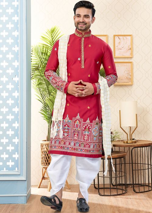 Maroon Silk Kurta Dhoti With Mughal Border
